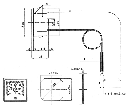 Teploměr 0-120°C, kapilára 1 m, 48x48 mm, černý