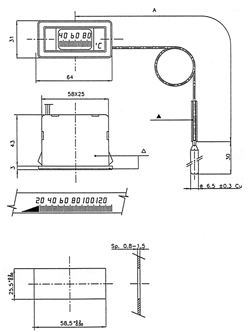 Teploměr 0-120°C, kapilára 1 m, 31x64 mm, černý