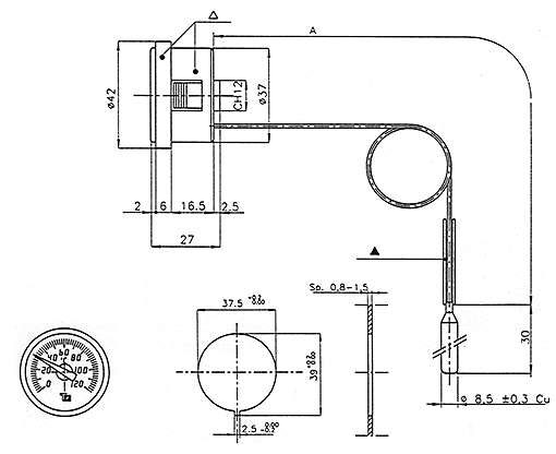 Teploměr 0-120°C, kapilára 1 m, d=42 mm, šedý
