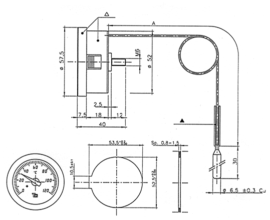 Teploměr 0-120°C, kapilára 1 m, d=57,5 mm, černý